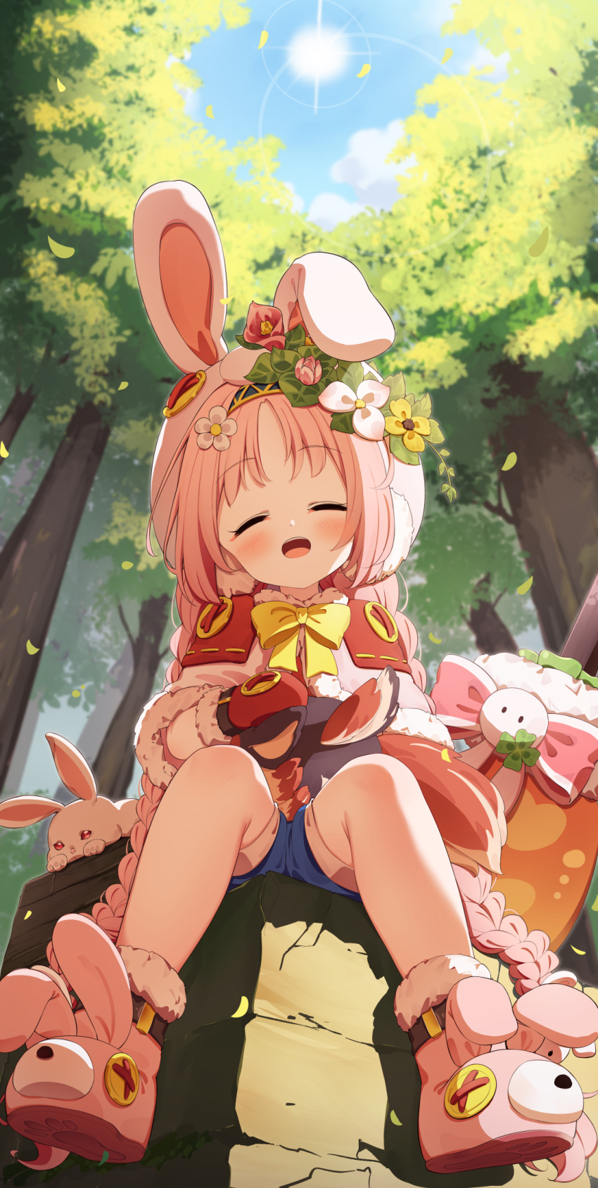 1girl animal_ears animal_hat black_hairband blue_shorts blush boots braid capelet closed_eyes commentary_request fake_animal_ears flower forest full_body fur-trimmed_capelet fur-trimmed_footwear fur-trimmed_mittens fur_trim hair_flower hair_ornament hairband hat highres long_hair mimi_(princess_connect!) mittens nature open_mouth outdoors pink_footwear pink_hair princess_connect! rabbit rabbit_ears red_capelet red_mittens setmen short_shorts shorts sitting solo sword teeth tree twin_braids upper_teeth_only very_long_hair weapon