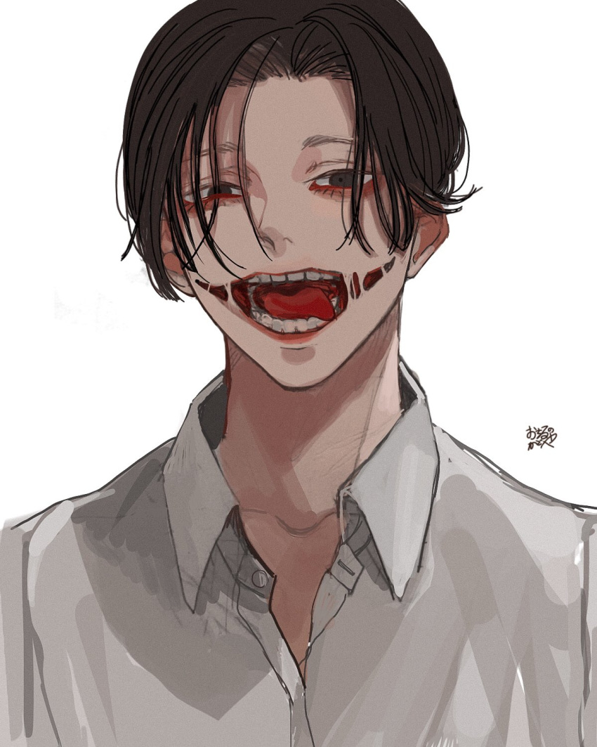1boy brown_eyes brown_hair collared_shirt glasgow_smile highres kagoya1219 looking_at_viewer male_focus open_mouth original portrait shirt short_hair signature simple_background solo teeth tongue white_background white_shirt