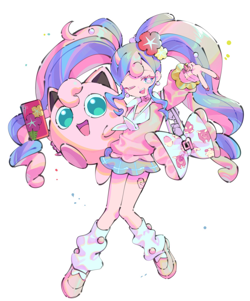 1girl absurdres bag bull_sprite_(pokemon) cardigan cellphone choker clefairy_sprite_(pokemon) fairy_miku_(project_voltage) flower hair_flower hair_ornament hatsune_miku heart heart_choker highres jigglypuff leg_warmers long_hair one_eye_closed open_mouth phone pink_cardigan pokemon pokemon_(creature) project_voltage selfie shoulder_bag skirt twintails v very_long_hair vocaloid white_background yu1_na12