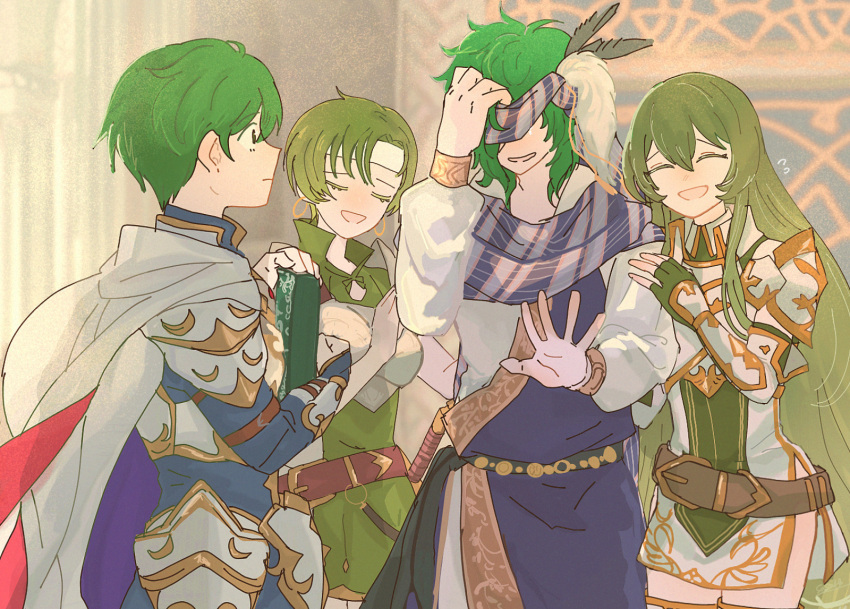 2boys 2girls armor breastplate brother_and_sister ced_(fire_emblem) ced_(sage_of_the_wind)_(fire_emblem) closed_eyes earrings erinys_(fire_emblem) family father_and_daughter father_and_son fee_(fire_emblem) fire_emblem fire_emblem:_genealogy_of_the_holy_war fire_emblem:_thracia_776 fire_emblem_heroes green_hair headband highres hoop_earrings jewelry long_hair mother_and_daughter mother_and_son multiple_boys multiple_girls open_mouth pauldrons sasaki_(dkenpisss) short_hair shoulder_armor siblings smile surprised white_headband