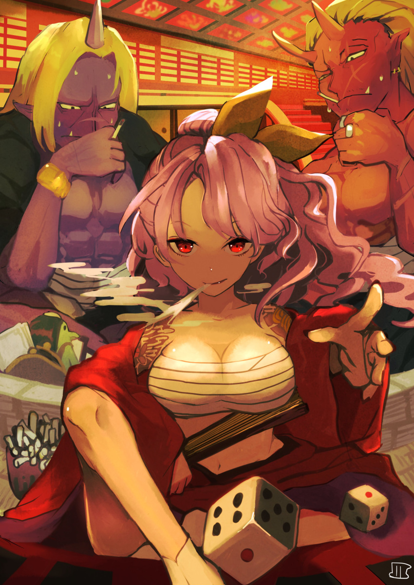1girl 2boys absurdres blonde_hair breasts cleavage colored_skin earrings hand_fan high_ponytail highres indoors japanese_clothes jewelry kimono komakusa_sannyo looking_at_another looking_at_viewer maaru_(akira428) multiple_boys oni pointy_ears purple_hair purple_skin red_eyes red_kimono red_skin scar scar_on_face shoulder_tattoo smoking tattoo touhou wavy_hair wide_sleeves
