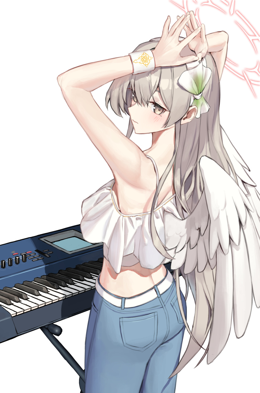 1girl absurdres angel_wings arms_up bare_shoulders blonde_hair blue_archive camisole denim feathered_wings hair_ornament halo highres instrument jeans keyboard_(instrument) laza_(0ldsong) long_hair nagisa_(blue_archive) pants simple_background sleeveless white_background white_camisole white_wings wings yellow_eyes