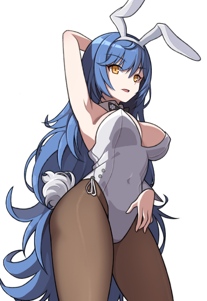 1girl animal_ears arm_behind_head armpits black_bow black_bowtie blue_hair bow bowtie breasts brown_pantyhose detached_collar fake_animal_ears girls'_frontline highres jjuwaap large_breasts leotard long_hair official_alternate_costume open_mouth pantyhose playboy_bunny presenting_armpit rabbit_ears rabbit_tail tail tar-21_(girls'_frontline) transparent_background white_leotard yellow_eyes