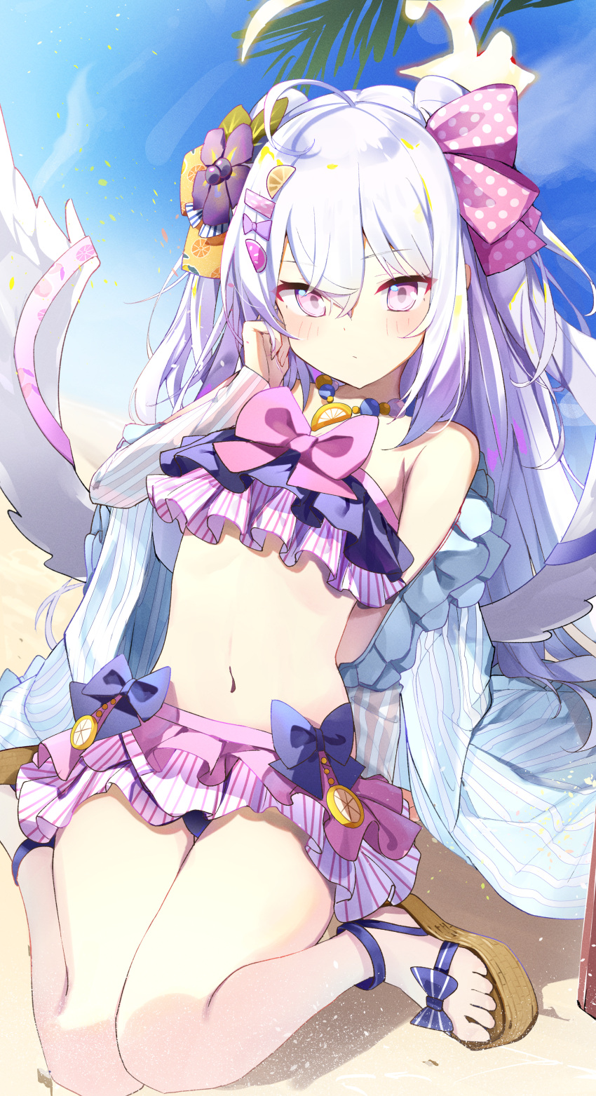 1girl absurdres ahoge angel_wings azusa_(blue_archive) azusa_(swimsuit)_(blue_archive) barefoot bead_necklace beads bikini blue_archive blush closed_mouth flower frilled_bikini frills hair_between_eyes hair_flower hair_ornament highres jewelry long_hair navel necklace pink_ribbon purple_bikini purple_eyes purple_flower purple_ribbon ribbon sandals solo strapless strapless_bikini swimsuit white_hair white_wings wings yamada_auto