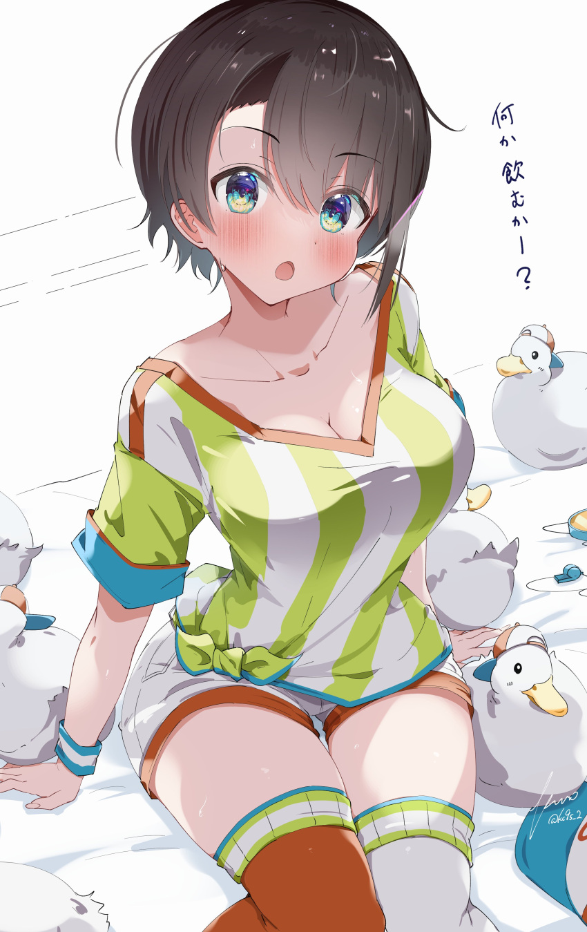 1girl :o absurdres aqua_eyes asymmetrical_legwear bird blush breasts brown_hair cleavage collarbone duck from_above hair_between_eyes hat hat_removed headwear_removed highres hololive kuno large_breasts looking_at_viewer loose_clothes loose_shirt mismatched_legwear oozora_subaru open_mouth oversized_clothes oversized_shirt red_thighhighs shirt short_hair short_shorts short_sleeves shorts simple_background sitting striped striped_shirt subaru_duck sweatband swept_bangs t-shirt thigh_gap thighhighs tied_shirt translation_request two-tone_shirt v-neck vertical-striped_shirt vertical_stripes virtual_youtuber white_background white_shorts white_thighhighs wide_hips wristband