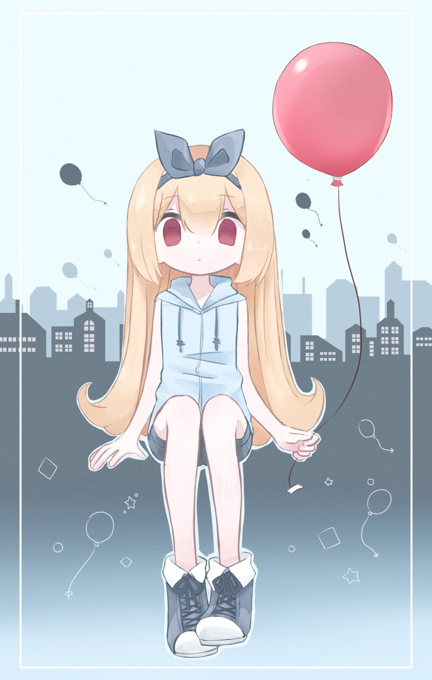 1girl balloon blonde_hair border city closed_mouth drawstring flat_chest flipped_hair full_body grey_background grey_footwear grey_hairband grey_shorts hair_between_eyes hairband highres holding holding_balloon hood hood_down hoodie kanikan legs_together long_hair looking_at_viewer original outline red_eyes shoes shorts sitting skyline sleeveless sleeveless_hoodie solo star_(symbol) straight-on very_long_hair white_outline