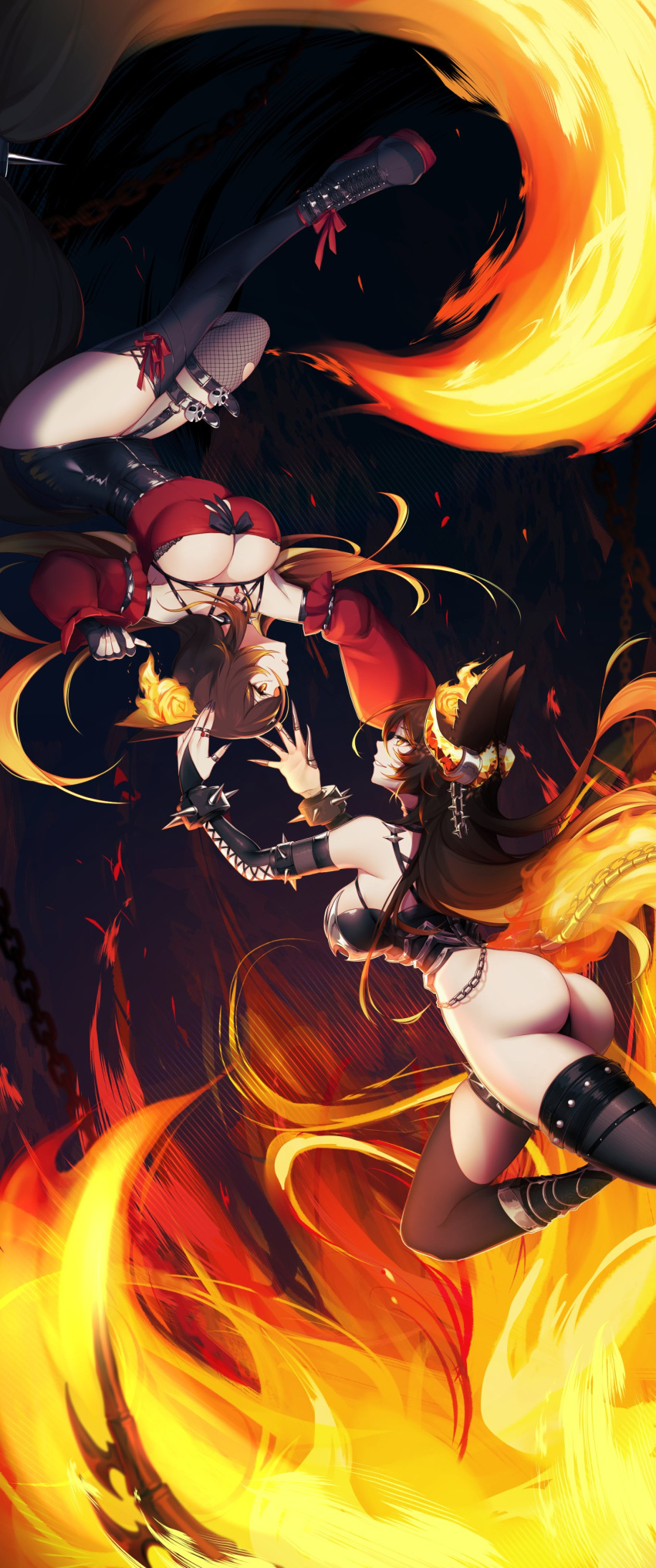 2girls absurdres animal_ears armlet ass boots bra bracelet breasts bridal_gauntlets chain commentary demon_girl demon_horns detached_sleeves dog_ears dog_girl dog_tail dual_persona english_commentary fiery_tail fingerless_gloves fire gloves high_heel_boots high_heels highres horns indie_virtual_youtuber jewelry large_breasts leotard long_hair multiple_girls platform_footwear platform_heels ring sinder_(vtuber) sinder_(vtuber)_(2nd_costume) skull_ornament spiked_armlet spiked_bracelet spikes tail thighhighs underwear virtual_youtuber yoclesh