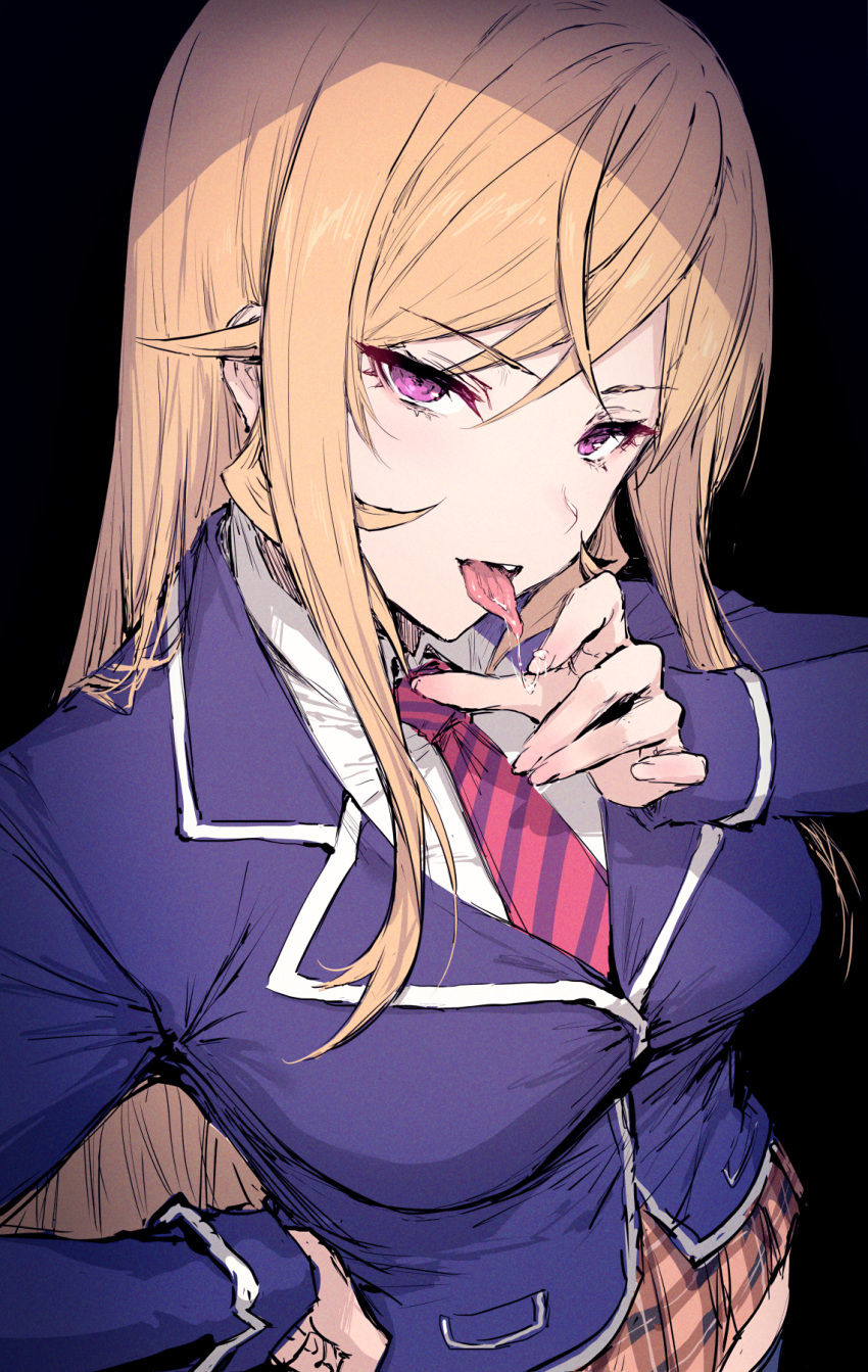 1girl black_background blonde_hair breasts from_above hand_on_own_hip haoni highres large_breasts licking licking_finger long_hair looking_at_viewer nakiri_erina necktie plaid plaid_skirt purple_eyes saliva school_uniform shokugeki_no_souma simple_background skirt solo striped_necktie tongue tongue_out tootsuki_saryou_ryouri_gakuen_uniform very_long_hair