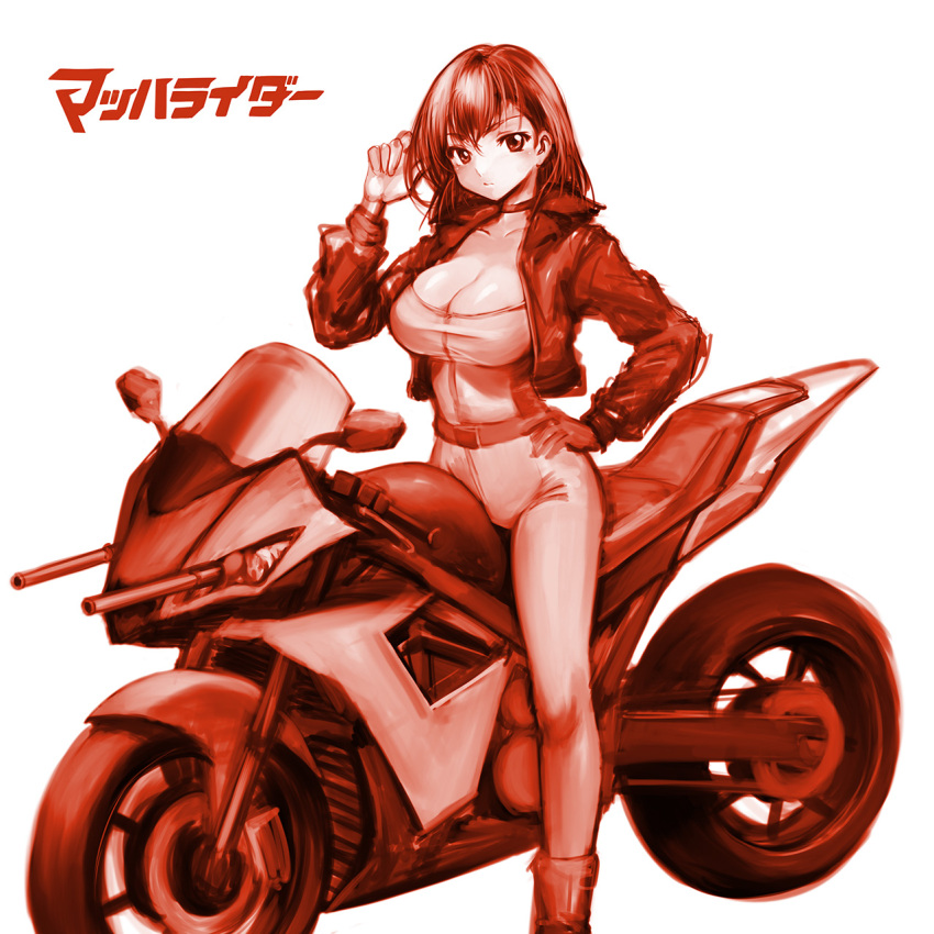 1girl belt bodysuit breasts choker cleavage closed_mouth collarbone copyright_name cropped_jacket hair_between_eyes hand_on_own_hip highres jacket large_breasts long_sleeves mach_rider mach_rider_(character) minamoto80486 monochrome motor_vehicle motorcycle open_clothes open_jacket red_theme short_hair simple_background solo white_background