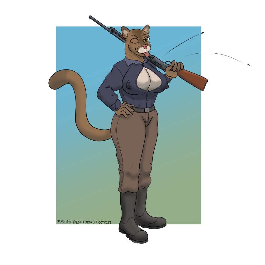 2023 absurd_res anthro belt blue_clothing breasts brown_body brown_clothing brown_fur button_(fastener) button_pop cleavage clothed clothing colored cougar dipstick_ears dipstick_tail dress_shirt erect_nipples felid feline female fur gradient_background green_eyes gun gun_on_shoulder hand_on_hip hi_res looking_at_viewer mammal markings multicolored_ears nipple_outline nipples one_eye_closed panzerschreckleopard ranged_weapon shirt shotgun simple_background solo straining_buttons tail tail_markings tan_body tan_fur tongue tongue_out topwear weapon winchester_1897 wink