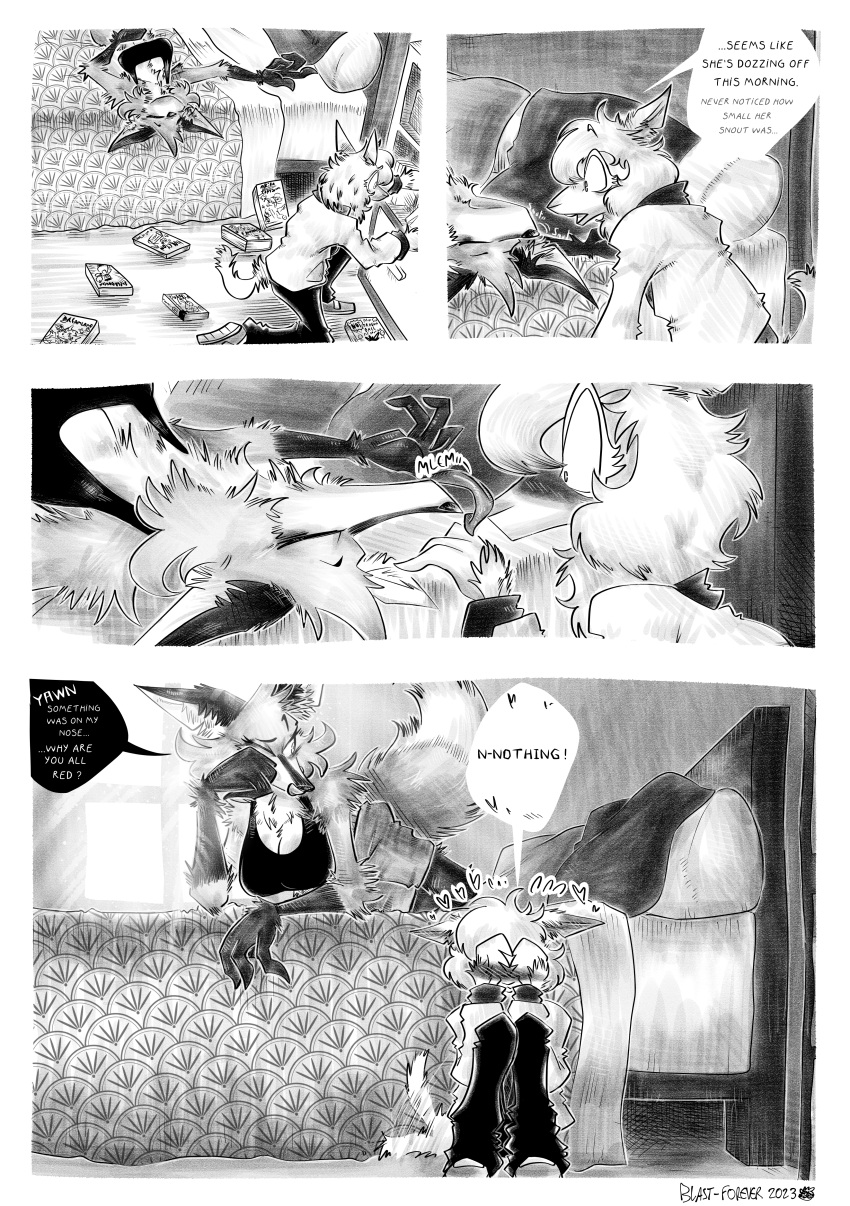 absurd_res accidental_kiss anthro bed bedroom blep blush book bovid canid canine caprine cheek_tuft clothed clothing comic cute_expression dialogue duo ear_blush emilia_(yanisp5) facial_tuft female female/female fluffy fluffy_ears fluffy_hair fluffy_tail flustered fox fully_clothed furniture greyscale greyscale_background hair hi_res kissing licking long_tongue mammal manga_(object) monochrome neck_tuft partially_clothed pillow red_fox sheep sleeping sophie_(yanisp5) speech_bubble surprise surprised_expression tail tail_motion tailwag tongue tongue_out tuft waking_up window window_light yanisp5
