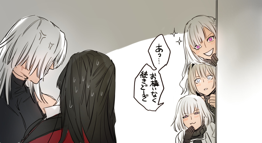 5girls :d =3 absurdres ak-12_(girls'_frontline) ak-15_(girls'_frontline) an-94_(girls'_frontline) anger_vein black_hair blonde_hair blush commander_(girls'_frontline) defy_(girls'_frontline) female_commander_(girls'_frontline) girls'_frontline highres junx0117 long_hair multiple_girls purple_eyes rpk-16_(girls'_frontline) short_hair sidelocks simple_background smile speech_bubble star_(symbol) sweatdrop translation_request white_hair