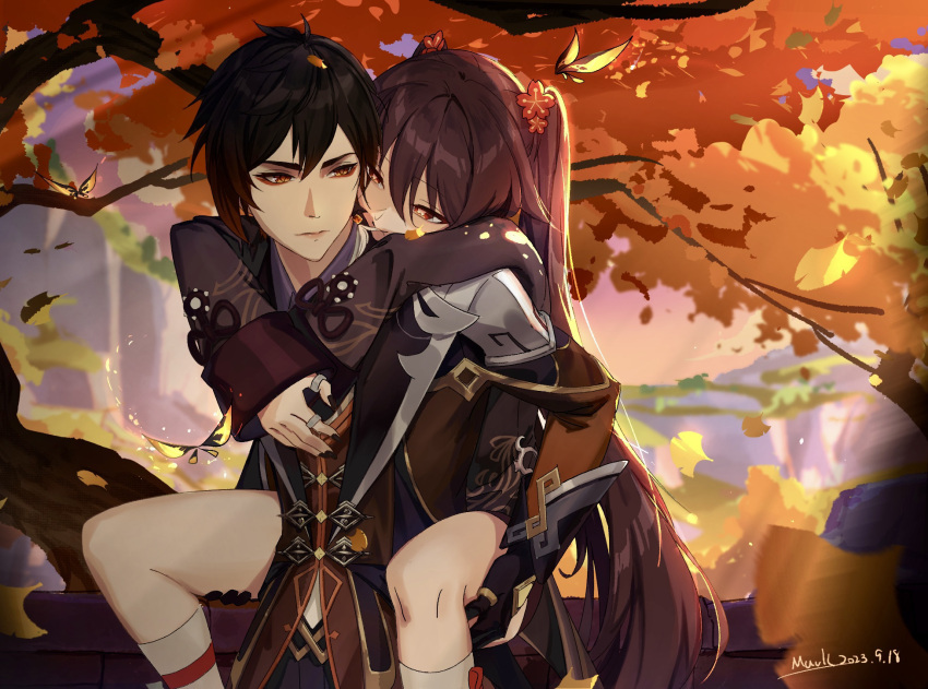 1boy 1girl black_gloves black_hair black_nails black_shorts blurry blurry_background brown_hair bug butterfly carrying carrying_person chinese_clothes earrings eyeliner eyeshadow face-to-face falling_leaves flower flower-shaped_pupils formal genshin_impact ginkgo_leaf ginkgo_tree gloves hair_between_eyes hair_flower hair_ornament highres hu_tao_(genshin_impact) jacket jewelry leaf long_hair long_sleeves mack76337248 makeup mountainous_horizon multiple_rings naughty_face outdoors piggyback red_eyes red_eyeshadow ring shorts sidelocks signature single_earring sky smile suit symbol-shaped_pupils tassel tassel_earrings thumb_ring timestamp twintails very_long_hair yellow_eyes zhongli_(genshin_impact)