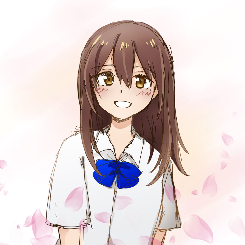 1girl :d blue_bow blue_bowtie bow bowtie brown_eyes brown_hair collared_shirt grin highres iwashi_bone kimi_no_suizou_wo_tabetai long_hair looking_at_viewer petals school_uniform shirt short_sleeves smile teeth upper_body white_shirt yamauchi_sakura