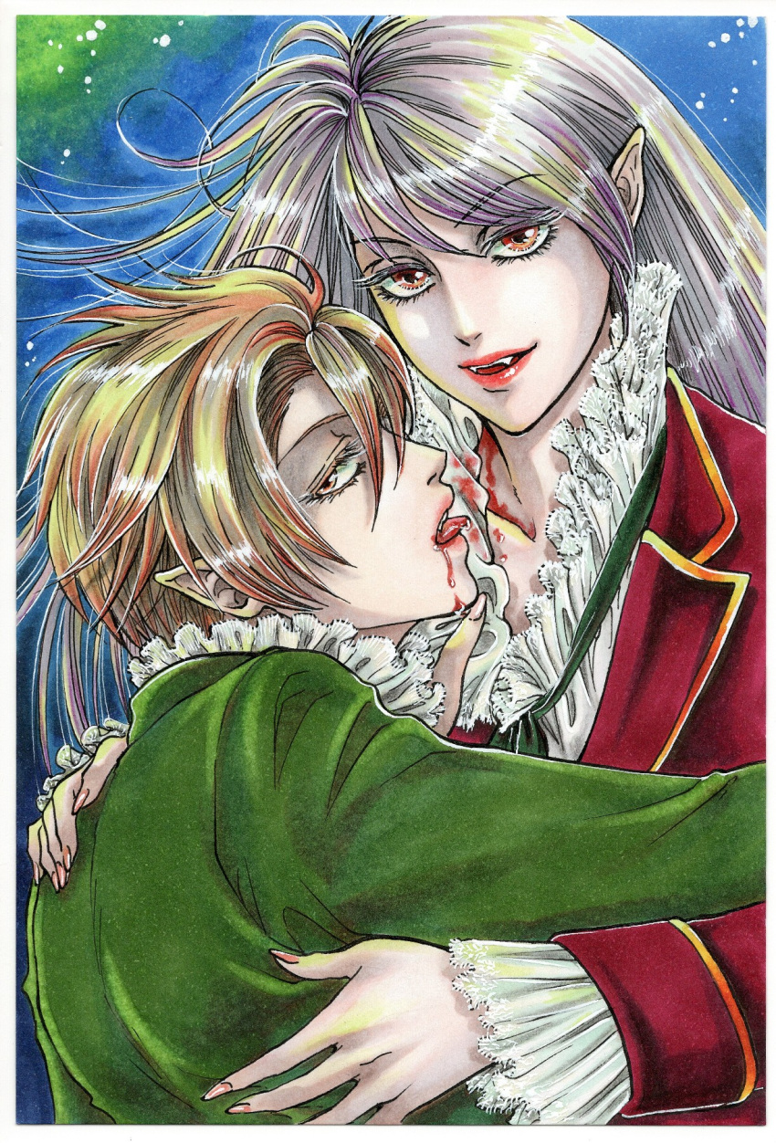 2boys androgynous bishounen biting blazer blood blood_from_mouth blood_on_clothes blood_on_face collarbone eyelashes fangs fingernails frilled_shirt frills girly_boy green_jacket grey_hair gyuu-lunch hand_on_another's_back hand_on_another's_shoulder highres hug jacket lipstick long_fingernails long_hair long_sleeves looking_at_viewer makeup male_focus marker_(medium) multiple_boys neck_biting open_mouth original pale_skin pointy_ears red_eyes red_jacket sharp_fingernails shirt short_hair smile traditional_media vampire yaoi