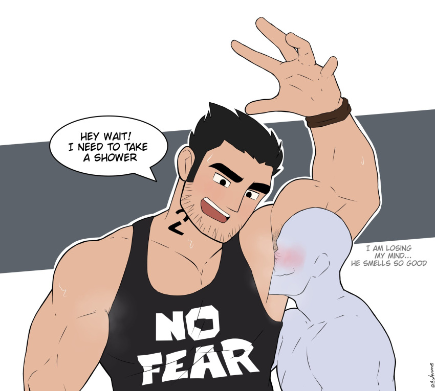 2boys bara beard_stubble black_hair black_tank_top blush butyrumb clothes_writing english_text face_in_armpit faceless faceless_male highres huge_eyebrows large_pectorals lucas_lee male_focus multiple_boys muscular muscular_male pectoral_cleavage pectorals scott_pilgrim_takes_off shirt short_hair short_sleeves smell smelling_armpit smile solo_focus speech_bubble sweat t-shirt tank_top tight_clothes tight_shirt upper_body wavy_mouth yaoi
