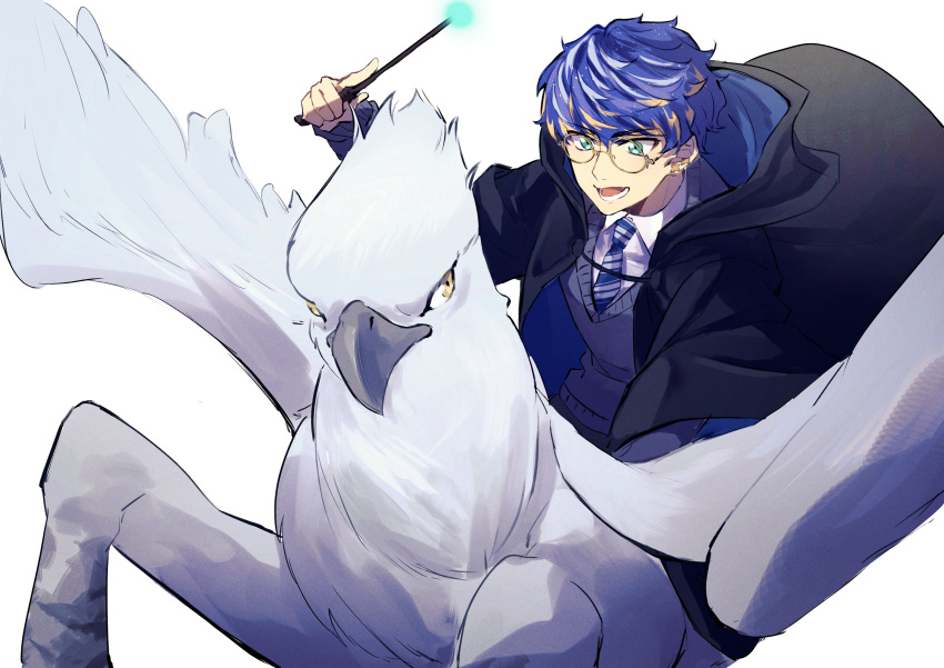 1boy :d absurdres akaie11 aqua_eyes astel_leda bangs bespectacled black_cloak black_pants blonde_hair blue_hair blue_necktie cloak collared_shirt creature earrings feet_out_of_frame glasses grey_sweater hair_between_eyes harry_potter_(series) highres hippogriff hogwarts_school_uniform holding holding_wand holostars hood hood_down hooded_cloak jewelry lower_teeth_only male_focus multicolored_hair necktie pants riding round_eyewear school_uniform shirt short_hair simple_background smile solo star_(symbol) star_earrings streaked_hair striped_necktie sweater teeth virtual_youtuber wand white_background white_shirt yellow-framed_eyewear