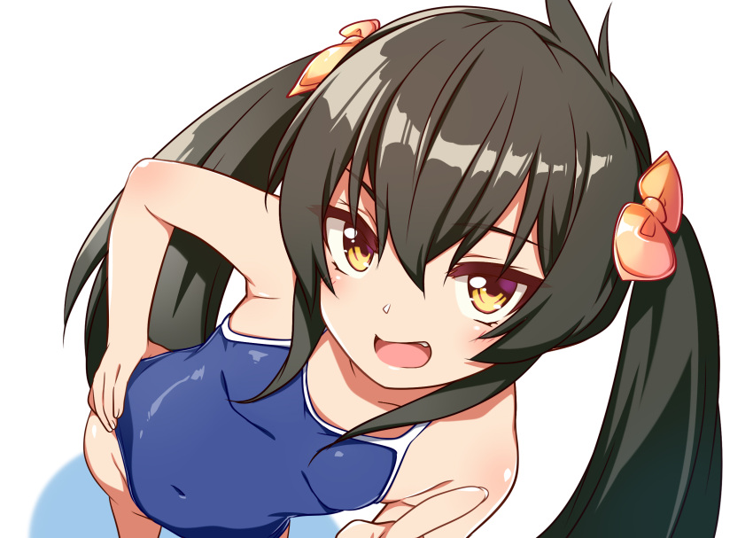 1girl black_hair bow breasts close-up commentary_request competition_school_swimsuit from_above fuu_(koneko_no_yomeiri) hair_bow highres idolmaster idolmaster_cinderella_girls long_hair matoba_risa pointing school_swimsuit small_breasts solo swimsuit twintails very_long_hair