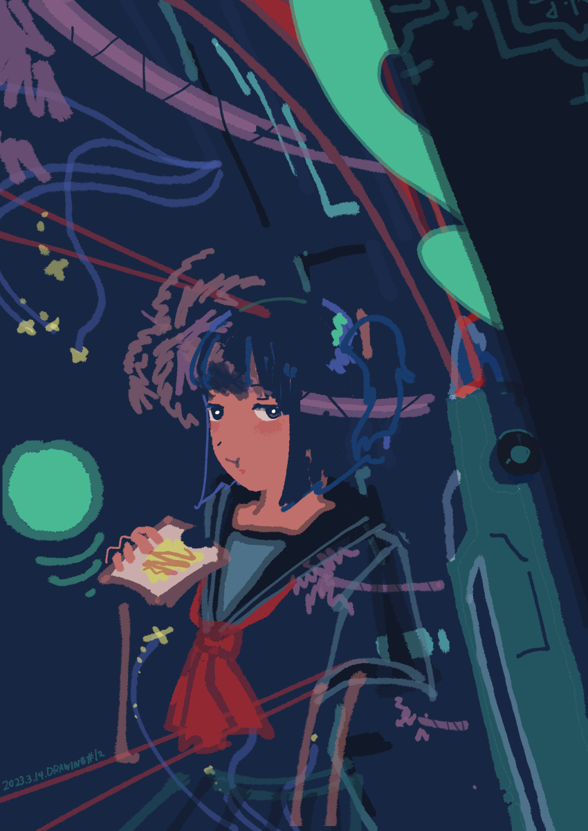 1girl absurdres black_eyes black_hair black_sailor_collar blue_shirt car commentary_request eating food food_on_face highres holding holding_food katakai light_blush looking_at_viewer medium_hair motor_vehicle neckerchief original pleated_skirt red_neckerchief sailor_collar school_uniform serafuku shirt short_sleeves side_ponytail skirt solo toast