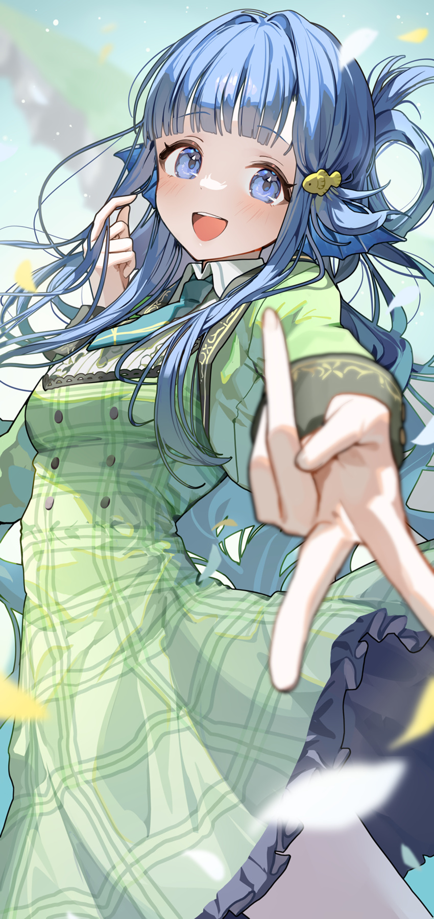 1girl absurdres asari_nanami blue_eyes blurry blush depth_of_field dress fish_hair_ornament foreshortening frilled_dress frills green_dress gyaru_v hair_ornament highres idolmaster idolmaster_cinderella_girls idolmaster_cinderella_girls_starlight_stage long_sleeves looking_at_viewer ningen_mame open_mouth smile solo v