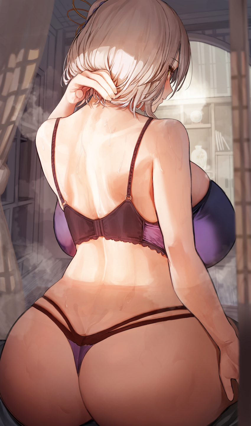 1girl absurdres alicia_renato_(yashiro_sousaku) ass bare_shoulders bra breasts commission curtains from_behind highres huge_breasts indoors looking_to_the_side marse_(rokudaime) original shelf short_hair sitting solo thong underwear white_hair wide_sleeves