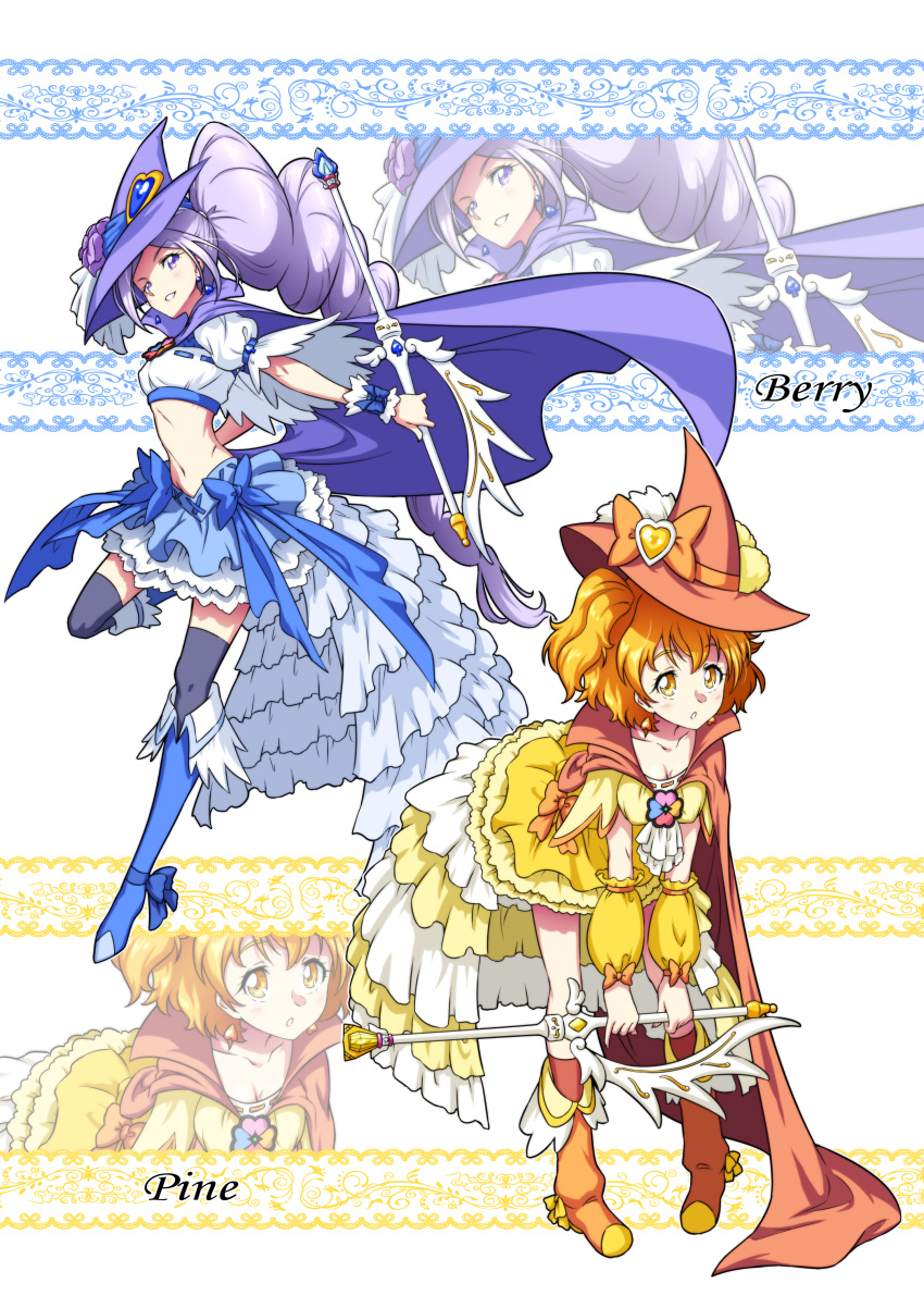2girls absurdres adapted_costume alternate_costume aono_miki blue_footwear boots cape character_name commentary_request cure_berry cure_pine dress drill_hair earrings eyelashes fresh_precure! frilled_skirt frills hair_ornament happy hat high_ponytail high_side_ponytail highres jewelry knee_boots large_hat long_hair looking_at_viewer magical_girl matatabi_(karukan222) medium_hair midriff multiple_girls navel orange_eyes orange_hair ponytail precure puffy_short_sleeves puffy_sleeves purple_cape purple_eyes purple_hair ribbon short_sleeves side_drill side_ponytail skirt smile staff thighhighs thighs very_long_hair wand witch witch_hat wrist_cuffs yamabuki_inori yellow_dress