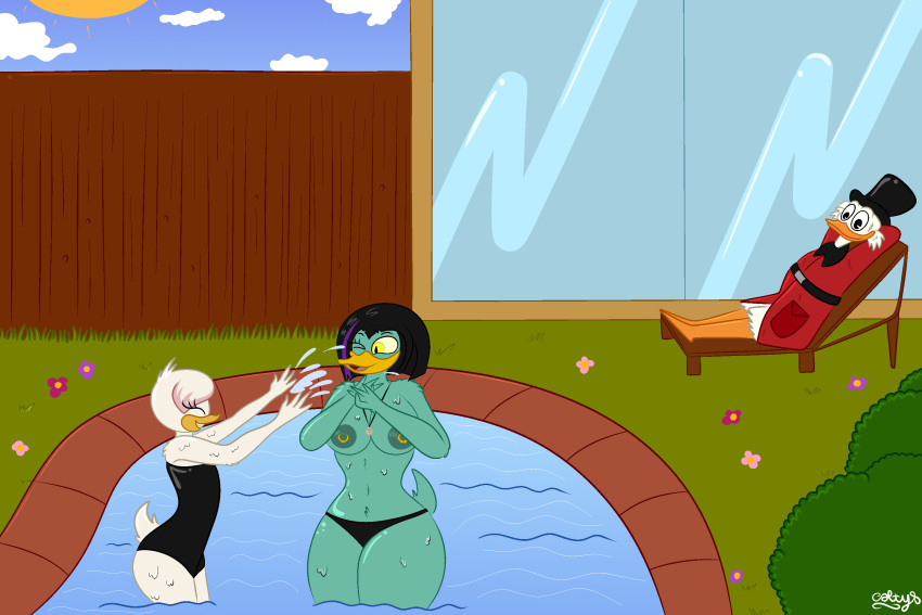 alternate_version_at_source anatid anseriform anthro aunt_(lore) aunt_and_niece_(lore) avian backyard big_breasts bird black_bottomwear black_clothing black_hair black_top_hat black_underwear bottomwear breasts casual_nudity cleavage clothed clothing coin colty8 dime disney duck ducktales ducktales_(2017) eyes_closed family family_bonding feathers female female/female flower green_body green_feathers group hair hat headgear headwear hi_res highlights_(coloring) jewelry lawn_chair lena_(ducktales) magica_de_spell male money navel necklace niece_(lore) nipple_piercing nipple_ring nipples nude one_eye_closed outdoor_nudity overcoat piercing plant poolside purple_highlights relaxing revealing_outfit ring_piercing scrooge_mcduck shrub skimpy smile splashing_water summer swimming_pool swimwear tasteful_nudity teenager top_hat topless topless_female topwear trio underwear wholesome yellow_body yellow_feathers young