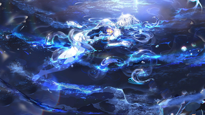 1boy absurdres bishounen boli_youyu broken glass glowing_heart grey_eyes grey_hair heart highres long_hair looking_at_viewer luoyeqiaomu534 lying male_focus outdoors partially_submerged partially_underwater_shot smile solo squid the_tale_of_food water waves wavy_hair white_hair