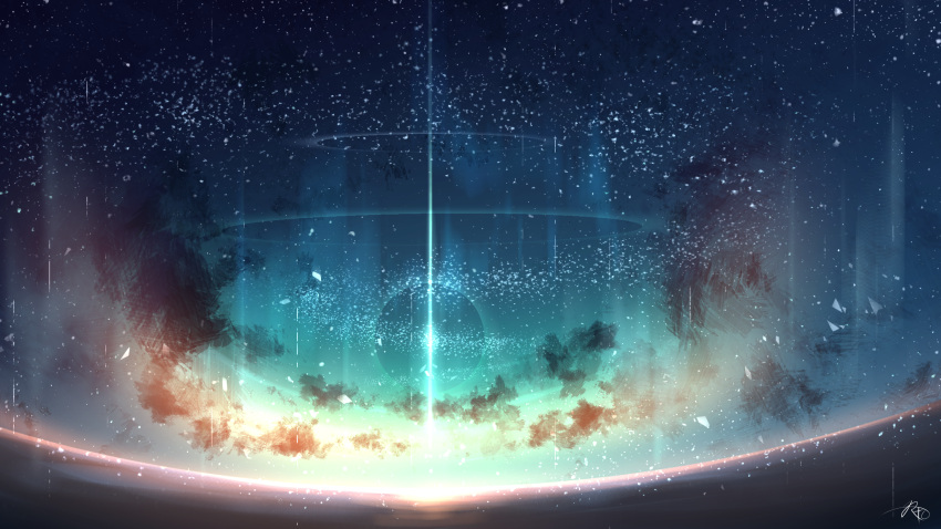 aurora cloud commentary english_commentary gradient_sky highres night night_sky no_humans original outdoors rune_xiao scenery signature sky star_(sky) starry_sky still_life