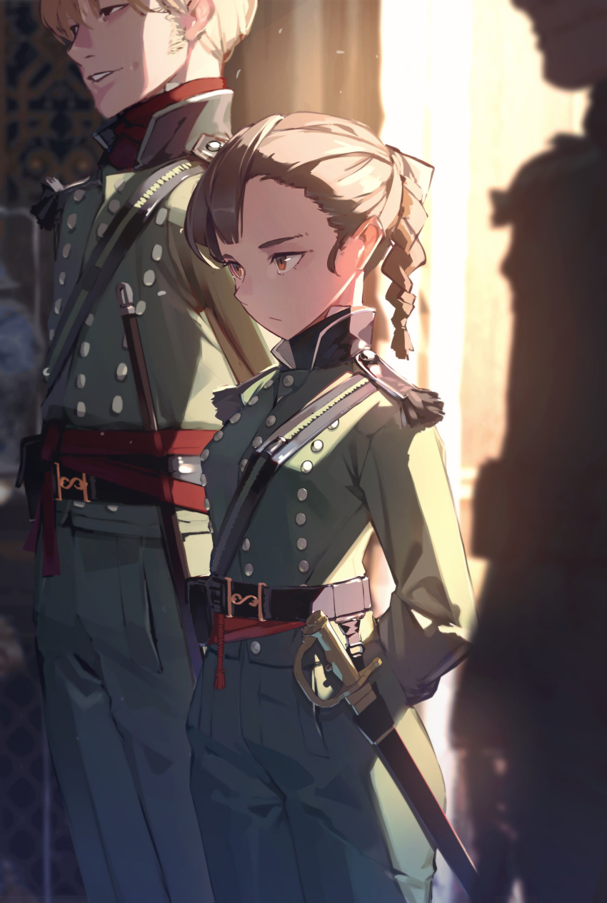 1girl 2boys absurdres arms_behind_back blonde_hair blurry blurry_background braid brown_eyes brown_hair closed_mouth commentary depth_of_field green_jacket green_pants highres jacket long_sleeves military military_uniform multiple_boys original pants parted_lips seuhyo99 sheath sheathed silhouette single_braid solo_focus sword symbol-only_commentary uniform weapon weapon_request