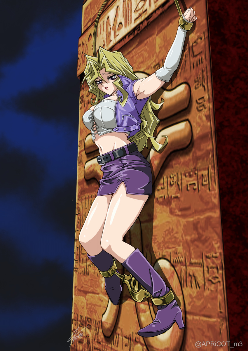 1girl absurdres blonde_hair boots breasts crop_top cropped_jacket detached_sleeves high_heels highres holding_arms_(yu-gi-oh!) holding_legs_(yu-gi-oh!) kujaku_mai large_breasts long_hair miniskirt parted_lips pencil_skirt restrained sakura_painter skirt solo suspension yu-gi-oh! yu-gi-oh!_duel_monsters