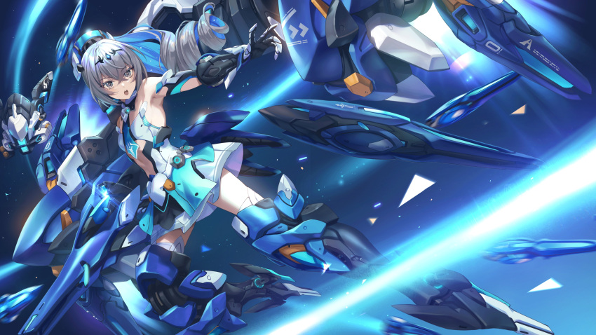 1girl absurdres armored_boots armored_leotard armpits bangs bare_shoulders boots bronya_zaychik bronya_zaychik_(herrscher_of_truth) commentary drill_hair fukai_ryosuke gauntlets grey_eyes grey_hair halo highres honkai_(series) honkai_impact_3rd long_hair looking_at_viewer open_mouth project_bunny second-party_source solo very_long_hair