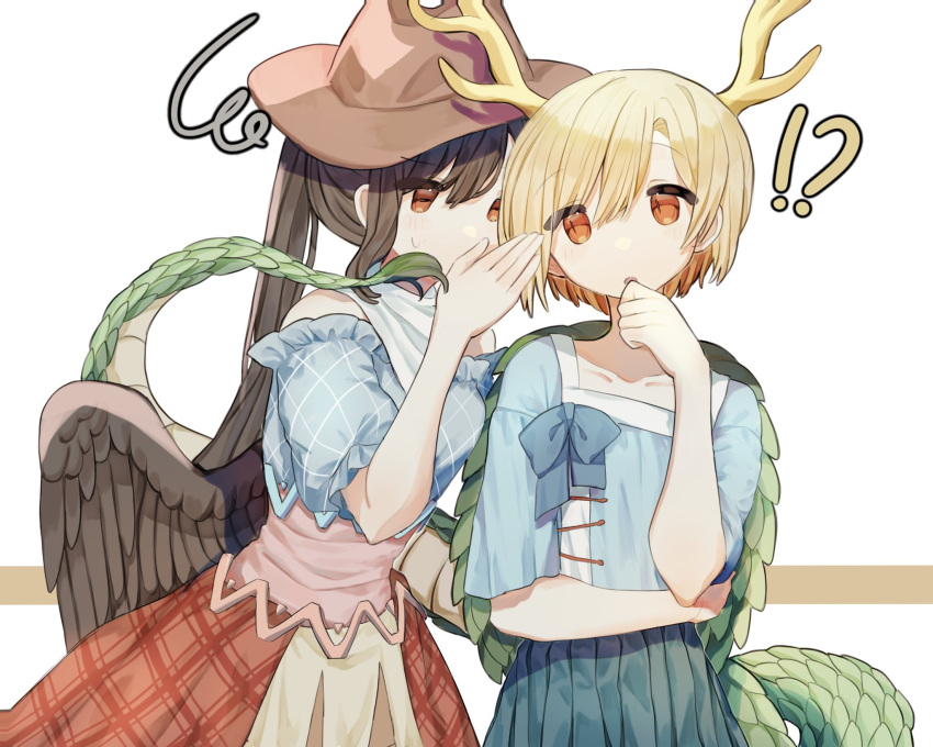 !? 2girls antlers argyle bare_shoulders black_hair black_wings blonde_hair blue_bow blue_bowtie blue_shirt blue_skirt bow bowtie brown_eyes brown_headwear clenched_hand collarbone commentary covering_mouth cowboy_hat dragon_girl dragon_tail feathered_wings frilled_skirt frilled_sleeves frills green_scales hand_on_own_arm hand_on_own_chin hat highres horse_girl kicchou_yachie kurokoma_saki layered_shirt long_hair long_sleeves multiple_girls neckerchief off-shoulder_shirt off_shoulder open_mouth pink_shirt plaid plaid_skirt ponytail puffy_short_sleeves puffy_sleeves red_eyes red_skirt shirt short_hair short_sleeves skirt slit_pupils square_neckline squiggle sweatdrop tail touhou whispering_in_ear white_background white_neckerchief wings yuejinlin