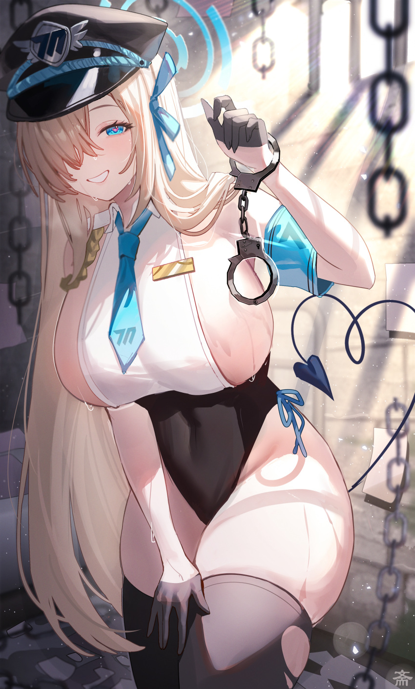 1girl absurdres asuna_(blue_archive) black_gloves black_thighhighs blonde_hair blue_archive blue_eyes breasts cleavage cuffs gloves hair_over_eyes hair_over_one_eye half_gloves handcuffs heart heart-shaped_pupils highleg highleg_leotard highres large_breasts leotard long_hair looking_at_viewer prisoner sideboob smile solo sweat symbol-shaped_pupils tansuan_(ensj3875) thighhighs very_long_hair