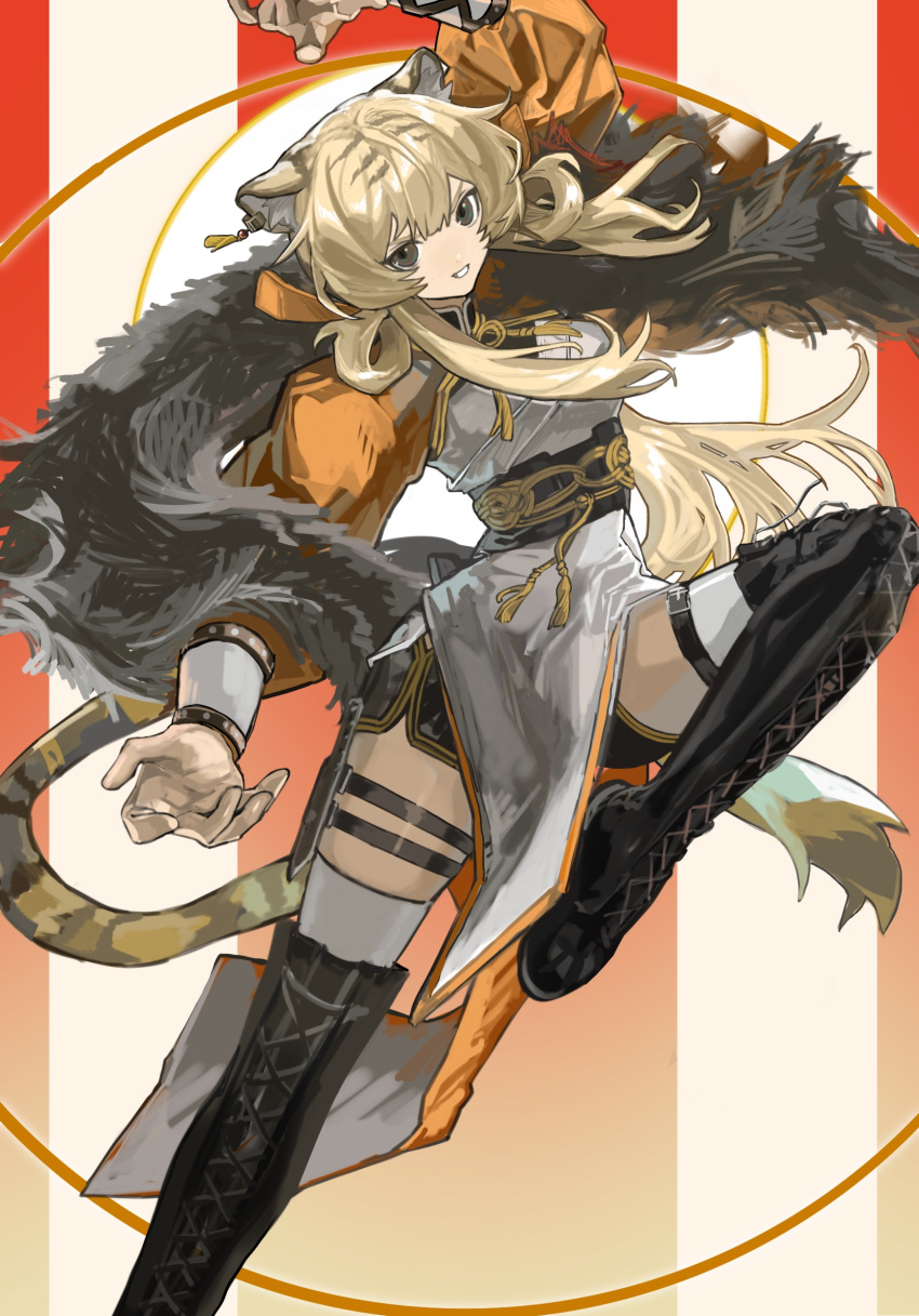 1girl animal_ears arknights black_footwear blonde_hair boots breasts brown_eyes chinese_clothes commentary_request dress du_yaoye_(arknights) feather_boa foot_out_of_frame gradient_background hand_up highres jacket knee_up long_hair looking_at_viewer medium_breasts nanataru10 orange_jacket pelvic_curtain red_background smile solo striped striped_background tail thigh_boots thigh_strap thighhighs tiger_ears tiger_girl tiger_tail white_dress white_thighhighs