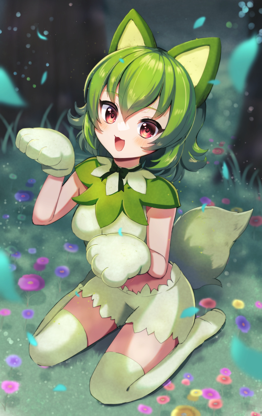 1girl :d animal_hands blush breasts commentary_request ekakima_kuru_(artist) eyelashes fangs flower gloves grass green_hair green_thighhighs hands_up highres medium_hair open_mouth outdoors paw_gloves personification pokemon pokemon_ears purple_flower red_eyes short_shorts shorts smile solo sprigatito thighhighs thighs tongue