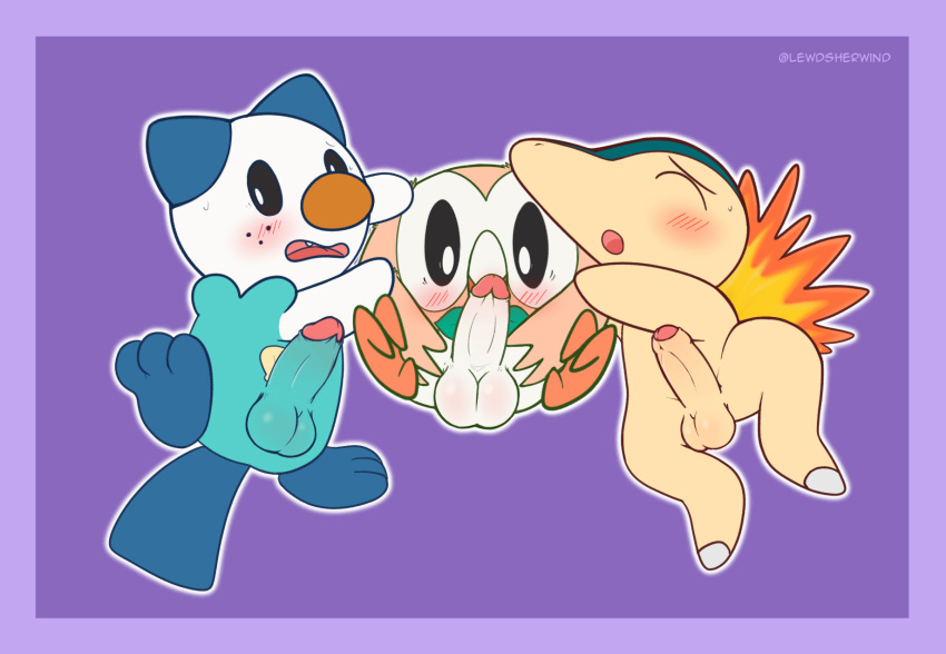 balls blush blush_lines bodily_fluids cyndaquil embarrassed erection fire generation_2_pokemon generation_5_pokemon generation_7_pokemon genitals group hi_res male male/male nintendo oshawott penis pokemon pokemon_(species) rowlet sherwind52 spread_legs spreading surprise surprised_expression sweat trio