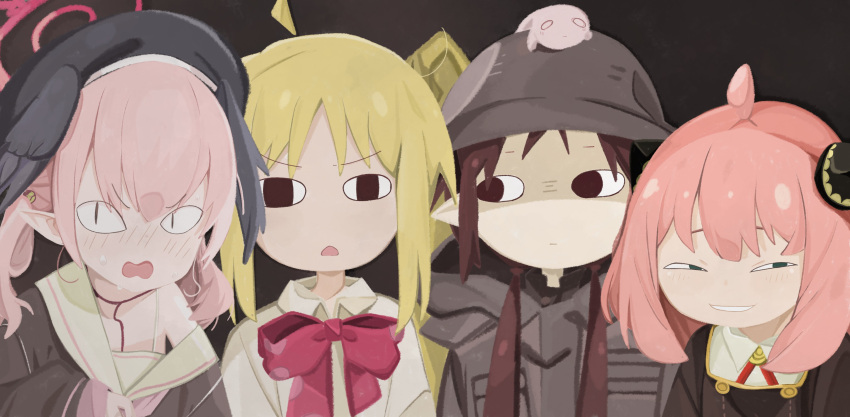 &lt;|&gt;_&lt;|&gt; 4girls absurdres ahoge annoyed anya's_heh_face_(meme) anya_(spy_x_family) beret black_cardigan black_hair blonde_hair blue_archive blush bocchi_the_rock! bow brodie_helmet cardigan chito_(shoujo_shuumatsu_ryokou) closed_mouth collared_shirt combat_helmet creature cross_tie crossover detached_ahoge dress eden_academy_school_uniform embarrassed empty_eyes female_child green_eyes hairpods halo hat head_wings helmet highres ijichi_nijika koharu_(blue_archive) long_hair looking_at_viewer looking_to_the_side low_twintails medium_hair meme multiple_girls naaga_sonomono neckerchief nuko_(shoujo_shuumatsu_ryokou) open_mouth pink_hair pink_neckerchief red_bow school_uniform shaded_face shimokitazawa_high_school_uniform shirt shoujo_shuumatsu_ryokou side_ponytail sidelocks single_bare_shoulder sleeves_past_wrists spy_x_family trait_connection twintails v-shaped_eyebrows very_long_hair white_shirt wings