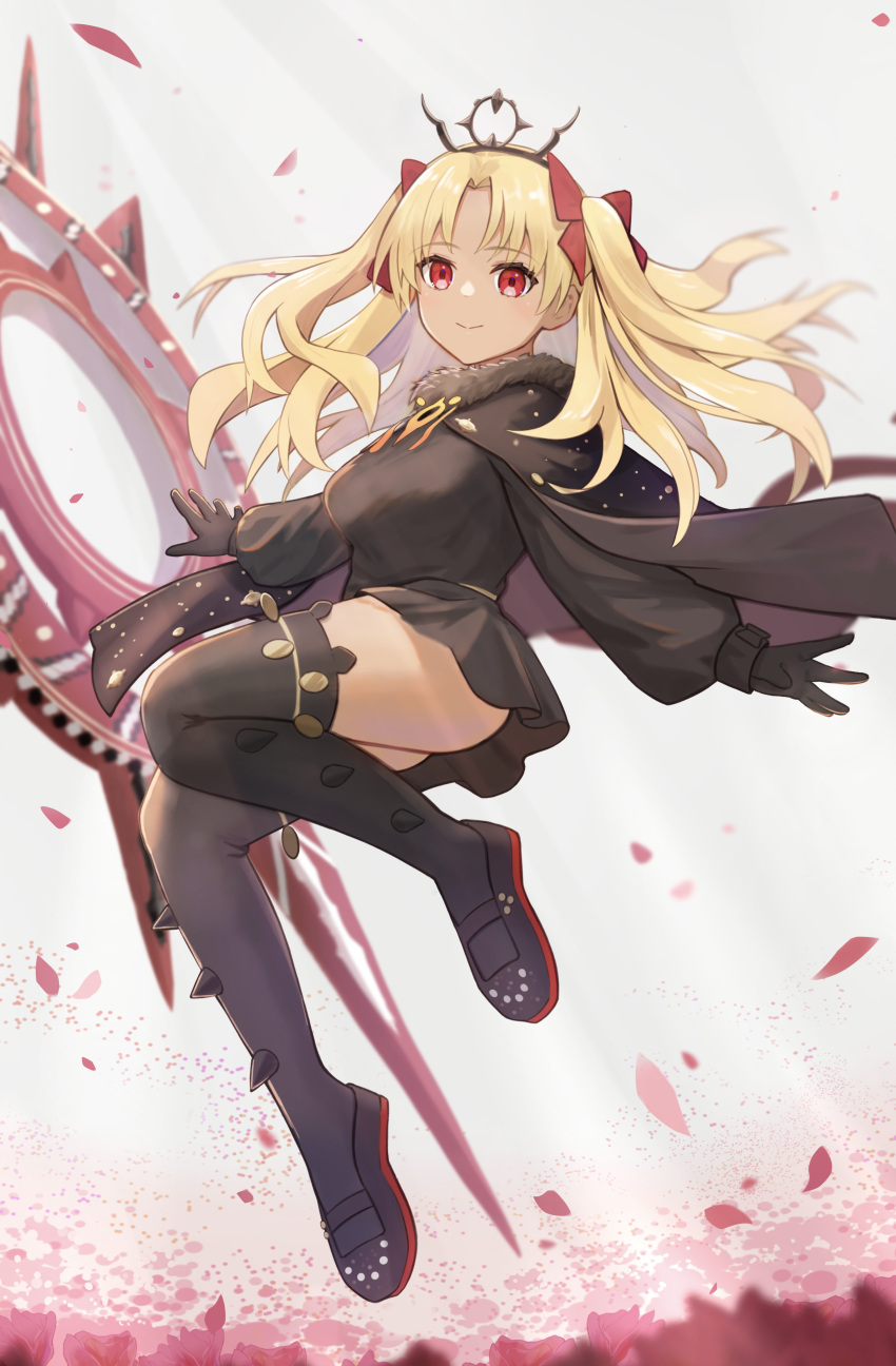 1girl absurdres black_cape black_dress black_gloves black_thighhighs blonde_hair bomberca309 breasts cape dark-skinned_female dark_skin dress earrings ereshkigal_(fate) ereshkigal_alter_(fate) fate/grand_order fate_(series) field flower flower_field full_body fur-trimmed_cape fur_trim gloves hair_ribbon highres hoop_earrings jewelry long_hair long_sleeves looking_at_viewer medium_breasts parted_bangs petals red_eyes ribbon smile solo thighhighs tiara two_side_up weapon