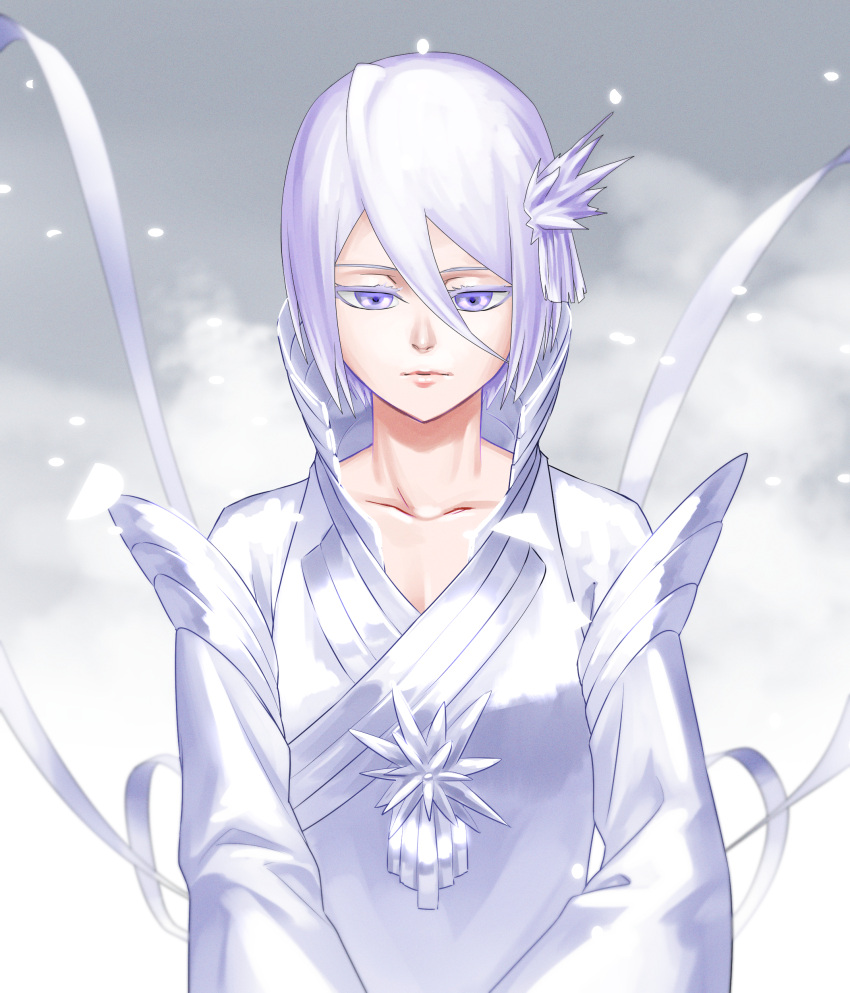 1girl absurdres bleach closed_mouth collarbone colored_eyelashes commentary dress expressionless grey_background hair_between_eyes hakka_no_togame_(bankai) high_collar highres ice ice_crystal kuchiki_rukia lips long_sleeves looking_down nose purple_eyes ribbon short_hair snow solo spoilers straight-on upper_body white_dress white_hair white_ribbon wide_sleeves yoshino_(laencl)