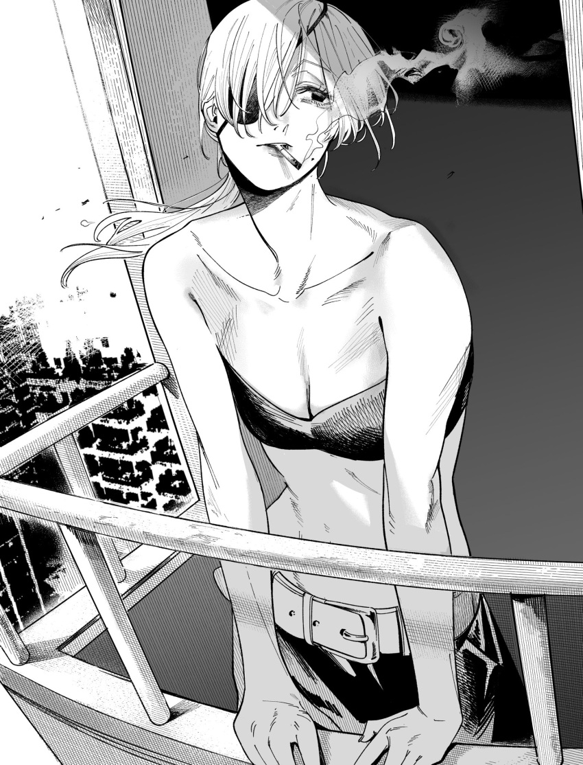 1girl bare_arms bare_shoulders belt belt_buckle black_bra bra buckle chainsaw_man cigarette eyepatch highres looking_to_the_side monochrome parted_lips ponytail quanxi_(chainsaw_man) smoke smoking solo stomach underwear white_hair yode