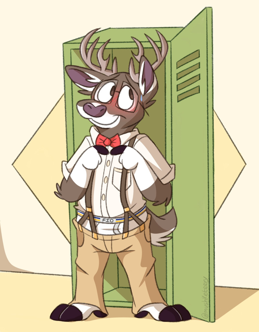 anthro antlers blush bottomwear bottomwear_down bow_tie brown_body brown_fur brown_nose bullyplay clothed clothing dress_shirt fruit_of_the_loom fur hi_res hooves horn khaki_pants locker male mushketeery necktie pants pants_down partially_clothed red_bowtie red_necktie shirt shirt_pocket smile solo suspenders topwear underwear white_body white_clothing white_dress_shirt white_fur white_underwear