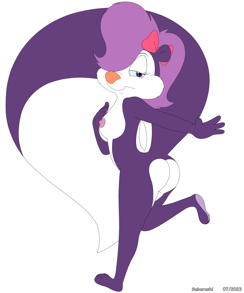 absurd_res accessory alpha_channel anthro bow_ribbon female fifi_la_fume hair_accessory hair_bow hair_ribbon hi_res looking_at_viewer mammal mephitid raised_tail ribbons simple_background skunk smile solo subarashi tail tiny_toon_adventures toony transparent_background warner_brothers