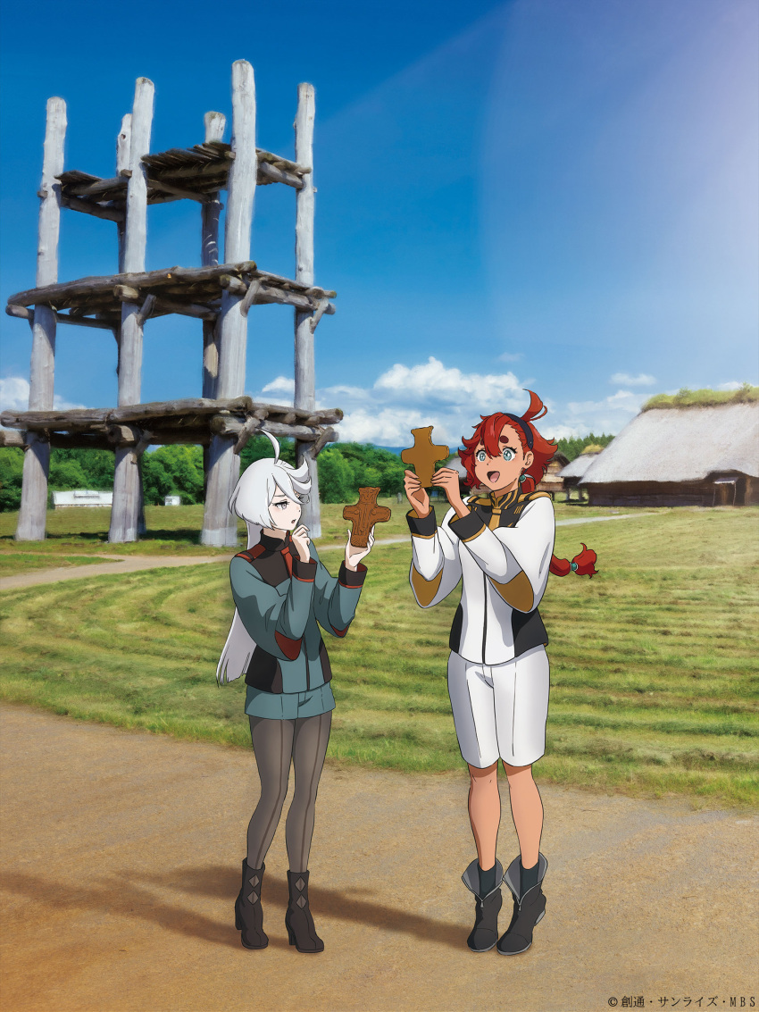 2girls :d absurdres ahoge argyle_footwear artist_request asticassia_school_uniform bare_legs black_footwear blue_sky boots building cloud copyright front-seamed_legwear full_body grass green_shorts gundam gundam_suisei_no_majo hairband hand_to_own_mouth happy highres holding landscape long_hair long_sleeves low_ponytail miorine_rembran multiple_girls official_art outdoors pantyhose photo_background red_hair school_uniform seamed_legwear shadow short_shorts shorts sky smile standing suletta_mercury white_hair white_shorts