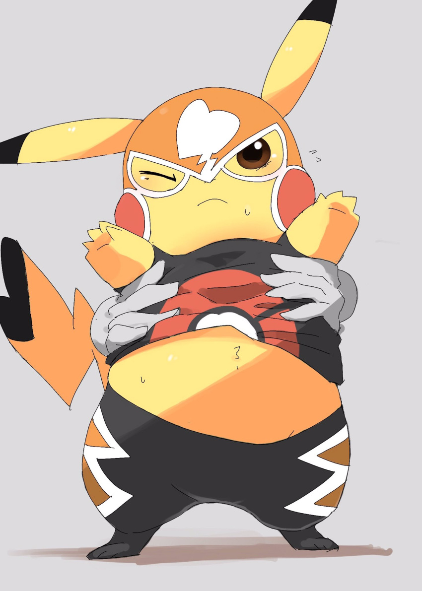 anthro belly clothing cosplay_pikachu_(costume) dorobo_39 female generation_1_pokemon hi_res mask nintendo pikachu pikachu_libre pokemon pokemon_(species) solo tail