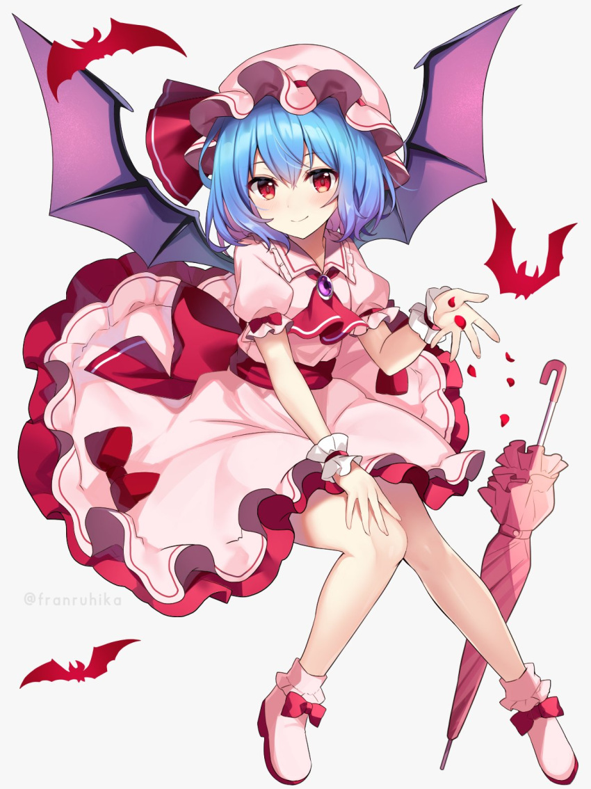 1girl ascot bat_wings blue_hair blush closed_mouth commentary dress frilled_dress frilled_shirt_collar frilled_sleeves frills full_body hair_between_eyes hand_up hat hat_ribbon highres mob_cap petals pink_dress pink_footwear pink_headwear puffy_short_sleeves puffy_sleeves purple_wings red_ascot red_eyes red_ribbon remilia_scarlet ribbon rose_petals ruhika shoes short_hair short_sleeves simple_background smile solo touhou twitter_username umbrella white_background wings wrist_cuffs