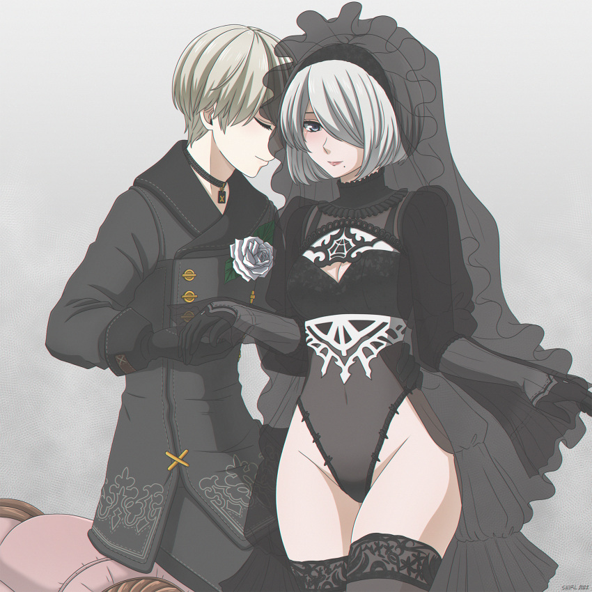 1boy 1girl black_choker black_gloves black_hairband black_jacket black_leotard black_pants black_thighhighs blue_eyes breasts choker cleavage closed_eyes closed_mouth covered_navel gloves grey_background grey_hair hair_over_one_eye hairband hand_on_another's_hip highleg highleg_leotard highres jacket leotard long_sleeves medium_breasts mole mole_under_mouth nier:automata nier_(series) no_blindfold pants shirl_geem short_hair smile thighhighs veil yorha_no._2_type_b yorha_no._9_type_s