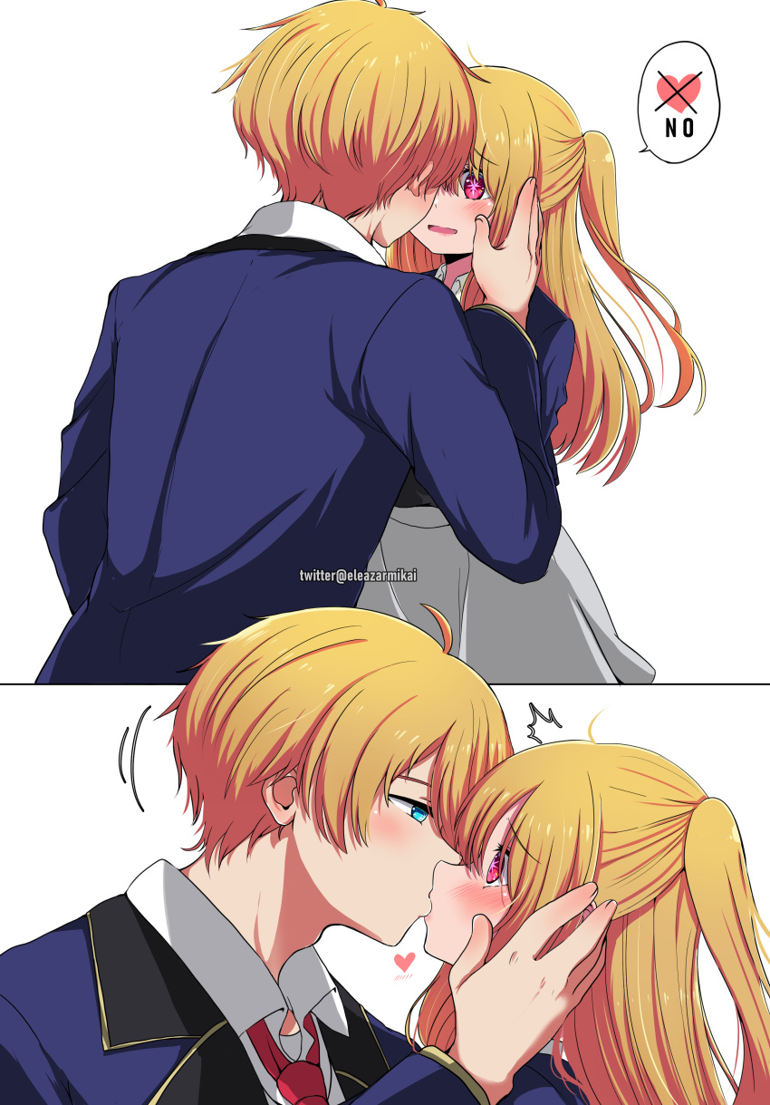 1boy 1girl absurdres ahoge artist_name back black_vest blonde_hair blue_eyes blue_jacket blush brother_and_sister collared_jacket collared_shirt cross eleazarmikai embarrassed english_commentary english_text fingernails french_kiss grey_skirt hair_between_eyes hand_up heart highres hoshino_aquamarine hoshino_ruby incest jacket kiss lips long_hair long_sleeves looking_at_another necktie one_side_up open_clothes open_jacket open_mouth oshi_no_ko pink_eyes red_necktie school_uniform shirt short_hair siblings sidelocks simple_background skirt speech_bubble standing star-shaped_pupils star_(symbol) symbol-shaped_pupils tongue twins vest white_background white_shirt youtou_high_school_uniform