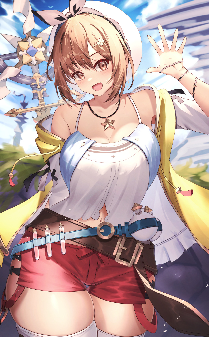 1girl :d absurdres arm_behind_back atelier_(series) atelier_ryza atelier_ryza_1 belt beret blue_sky blurry blurry_background bow bracelet breasts brown_belt brown_hair cloud contrapposto eiryu33 flask hair_ornament hairclip hat hat_bow highres holding holding_staff jacket jewelry large_breasts leather_belt looking_at_viewer mountain navel necklace open_clothes open_jacket outdoors red_shorts reisalin_stout round-bottom_flask shirt short_hair short_shorts shorts sky sleeveless sleeveless_jacket sleeveless_shirt smile solo staff star_(symbol) star_necklace thighhighs tower vial waving white_headwear white_shirt white_thighhighs yellow_jacket