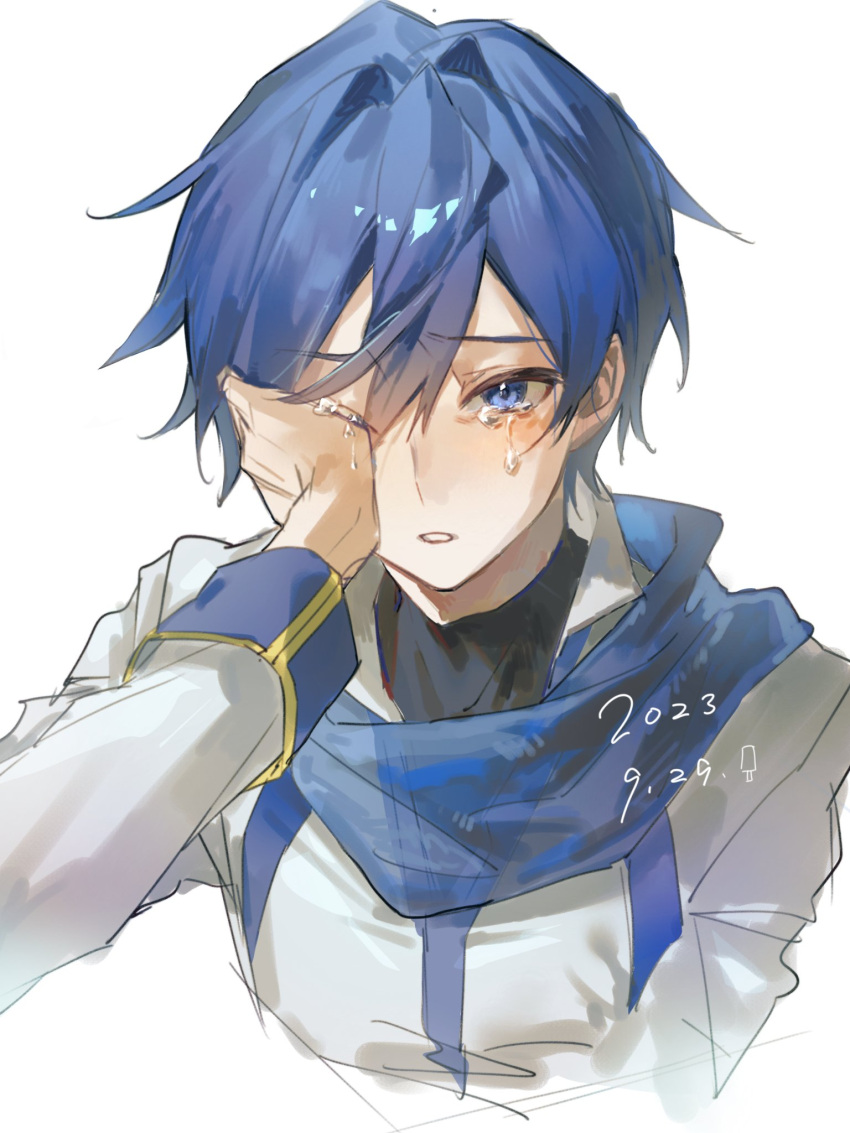 1boy blue_eyes blue_hair blue_scarf commentary crying crying_with_eyes_open dated hair_between_eyes hand_on_own_face highres kaito_(vocaloid) kazemi_arashi long_sleeves male_focus one_eye_covered parted_lips scarf short_hair simple_background solo tears upper_body vocaloid white_background